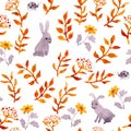 Rabbits, ladybugs, autumn leaves. Repeating cute ditsy pattern. Watercolor