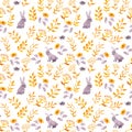 Rabbits, ladybugs, autumn leaves. Repeating cute ditsy pattern. Watercolor