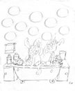 Rabbits love to wash together in a tank gives bathroom,sketches and pencil sketches and doodles