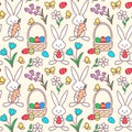 Rabbits and painted eggs in basket colorful seamless vector pattern