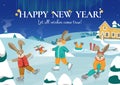 Rabbits play outside in winter. Cute rabbit in winter. Christmas and New Year. Vector illustration.