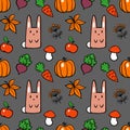 Rabbits and pumpkins. autumn harvest. seamless pattern.