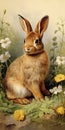 A rabbits sits in the springtime garden. Animal illustration