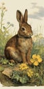 A rabbits sits in the springtime garden. Animal illustration