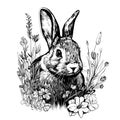 Rabbits sitting in flowers sketch Royalty Free Stock Photo