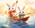 3 rabbits sling on a canoe concept for Happy Chinese new year in the year of the water.