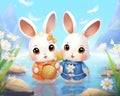 3 rabbits sling on a canoe concept for Happy Chinese new year in the year of the water.