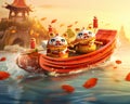 3 rabbits sling on a canoe concept for Happy Chinese new year in the year of the water.