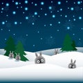 Rabbits in the snow, Christmas trees
