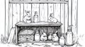 Cute Bunny Family in Barn, Artistic Sketch, Farm Animals, Hay, Food Bottles Royalty Free Stock Photo