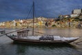 Rabelo Boat of Grahams Port wine boat called Rabelo on a bank of Douro River in Vila Nova de Gaia