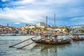 Rabelo, traditional boat with wine barrels in Porto, Portugal