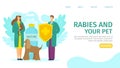 Rabies disease concept, web page vector illustration. Medical vaccination for pet, man woman character make injection