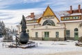 RABKA ZDROJ, POLAND - JANUARY 23, 2017: Monument of Saint Nicholas in front of railway station