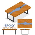 Rable made of wood and transparent epoxy resin. Isometric Epoxy river table furniture loft design style isolated on