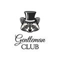 Raccon gentleman in top hat. Gentleman club text. Vector illustration.