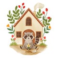 Raccoon animal and house with flower . Realistic watercolor paint with paper textured . Cartoon character design . Vector