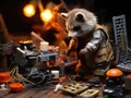 Raccoon as electrician with toy bulb 6 words