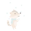 Raccoon baby winter print. Cute animal catches snowflakes in warm scarf christmas card.