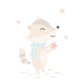 Raccoon baby winter print. Cute animal in warm scarf christmas card.