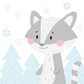 Raccoon baby winter print. Cute coon in snowy forest christmas card.