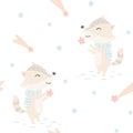 Raccoon baby winter seamless pattern. Cute animal catches stars Christmas background.