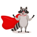 Children`s vector illustration of a raccoon in a red fluttering raincoat