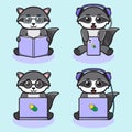 Vector illustration of cute Raccoon play laptop and read book cartoon. Royalty Free Stock Photo