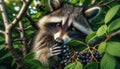 Raccoon with blueberries in the forest. Raccoon eating berries. Generative AI