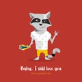 Raccoon with bouquet of flowers on Valentine`s day with the words `Baby, i still love you`. Royalty Free Stock Photo