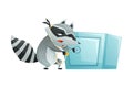 Raccoon Burglar with Striped Tail Wearing Mask Breaking Safe Deposit Box Vector Illustration