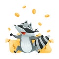 Raccoon Burglar with Striped Tail Wearing Mask Sitting Near Sacks of Money and Throwing Coins Vector Illustration