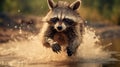 Running Raccoon In Water: A Detailed Close-up Shot With Strong Facial Expression Royalty Free Stock Photo