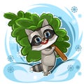 Raccoon. Carries Christmas tree. Cheerful cartoon character. Good natured animal is preparing for the New Year. Walking