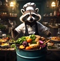 Raccoon chef fixing culinary creations