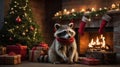 Adorable Raccoon in a Red Scarf by the Christmas Fireplace Royalty Free Stock Photo