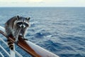 raccoon on a cruise ship railing, vast ocean spanning out Royalty Free Stock Photo