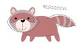 Raccoon . Cute animals cartoon characters . Flat shape and line stroke design .