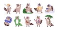 Raccoon, cute forest animal set. Funny happy friendly racoons, baby characters. Adorable fairytale mammal. Comic fauna