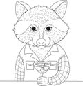 Cute Raccoon drinking cocktail design for adult coloring book page, print on product and so on. Vector illustration