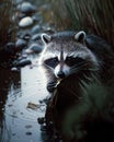 raccoon eating a beaver in a rain looking the camera