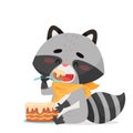 A raccoon eats a piece of cake with a spoon on the floor. He has a napkin around his neck