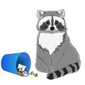 Raccoon eats from the trash. A garbage can of street thief and homeless. Object on white background vector Royalty Free Stock Photo