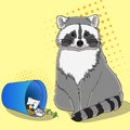 Raccoon eats from the trash. A garbage can of street thief and homeless. Pop art raster on an orange background Royalty Free Stock Photo