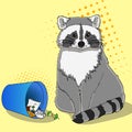 Raccoon eats from the trash. A garbage can of street thief and homeless. Pop art vector on an orange background Royalty Free Stock Photo