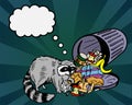 Raccoon eats from the trash and thinks about... A garbage can of street thief and homeless. Comic thinking bubble. Pop Royalty Free Stock Photo