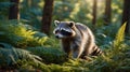Raccoon Standing Alert in Lush Green Forest with Ferns, Illuminated by Sunlight Royalty Free Stock Photo