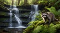 Raccoon\'s Serene Sanctuary: A Tranquil Forest Waterfall Encounter with Natural Beauty Royalty Free Stock Photo