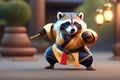 raccoon fighting character training in chinese clothes