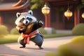 raccoon fighting character training in chinese clothes